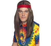 Smiffys Kit de hombre hippy, Marrón, Peluca, gafas, medallón con el símbolo de la paz y cinta para la cabeza Halloween, Carnaval