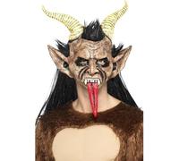 Smiffys Máscara de demonio de Navidad Krampus, marrón, de látex, cubre la cabeza, con piel y cuernos Halloween, Carnaval