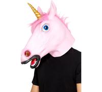 Smiffys Máscara de Unicornio de Látex, Rosa, Envuelve la Cabeza Halloween