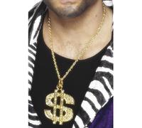 Smiffys Medallón con el signo del dólar, dorado, en cadena