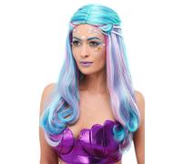 Smiffys Peluca de sirena, Azul, con perlas Halloween, Carnaval