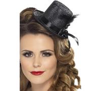 Smiffys Mini chistera, negra con lazo y pluma Halloween, Carnaval