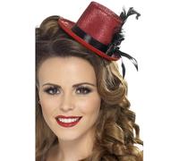 Smiffys Mini chistera, roja con lazo negro y pluma Halloween, Carnaval