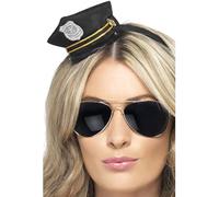 Smiffys Mini gorra de policía, negra, con detalle de placa y cinta