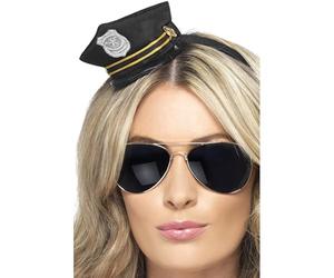 Smiffys Mini gorra de policía, negra, con detalle de placa y cinta Halloween, Carnaval