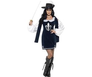 Smiffys Musketeer Female Costume, Navy with Dress & Hat, Historical Fancy Dress, Medieval Dress Up Costumes