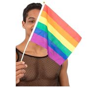 Smiffys Paquete de 12 banderas de mano arcoíris, 45 x 20 cm, accesorios LGBTQ para eventos, fiestas, festivales y celebraciones, banderas de poliéster ligero en palo de plástico blanco