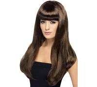 Smiffys Peluca Babelicious, marrón, larga, recta con flequillo Halloween, Carnaval