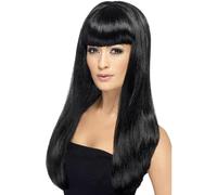Smiffys Peluca Babelicious, negra, larga, recta con flequillo Halloween, Carnaval