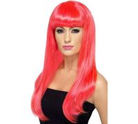 Smiffys Peluca Babelicious, rosa neón, larga, recta con flequillo Halloween