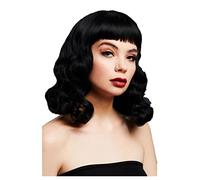 Smiffys Peluca con flequillo corto Fever Bettie, Negro, Ondulado a la altura del hombro con raya en el centro, 32cm Halloween, Carnaval