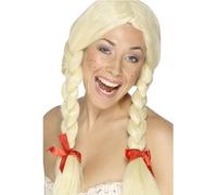Smiffys Peluca de colegiala/holandesa, rubia, trenzas con lazos Halloween, Carnaval