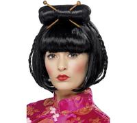 Smiffys Peluca de dama oriental, negra, largo media con palillos Halloween, Carnaval