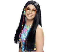 Smiffys Peluca de fiesta hippy, negro, larga con abalorios de colores Halloween, Carnaval
