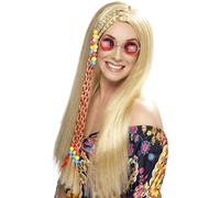 Smiffys Peluca de fiesta hippy, rubia, larga con abalorios de colores Halloween, Carnaval