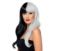 Smiffys Peluca de lujo, mitad y mitad con flequillo, Negro & Gris, Resistente al calor/puede peinarse Halloween