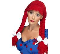 Smiffys Peluca de muñeca de trapo, roja, trenzas con flequillo y lazos Halloween