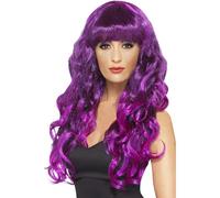 Smiffys Peluca de sirena, Morada, Larga, rizada y con flequillo Halloween, Carnaval