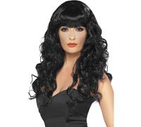 Smiffy's Peluca de sirena negra, larga, rizada con flequillo – Halloween