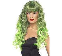 Smiffys Peluca de sirena, verde y negra, larga, rizada con flequillo Halloween