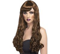 Smiffys Peluca del Deseo, marrón, Larga, rizada con Flequillo Halloween, Carnaval