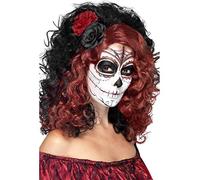 Smiffys Peluca del Día de Muertos, Negra y roja, con rosas