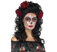 Smiffys Peluca deluxe del día de muertos, Negro, con rosas
