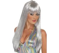 Smiffys Peluca disco con brillantina, plateado, larga recta con flequillo Halloween, Carnaval