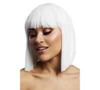 Smiffys Peluca Fever Lola, Blanco, Bob recto con flequillo, 30 cm Halloween, Carnaval