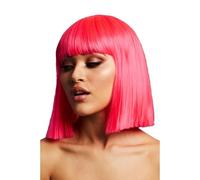 Smiffys Peluca Fever Lola, Rosa fluorescente, Bob recto con flequillo, 30 cm