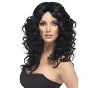 Smiffys Peluca glamour, negra, larga, rizada Halloween, Carnaval
