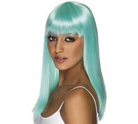 Smiffys Peluca Glamourama, aqua neón, larga, recta con flequillo Halloween, Carnaval