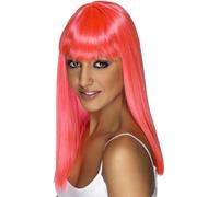 Smiffys Peluca Glamourama, rosa neón, larga, recta con flequillo Halloween, Carnaval