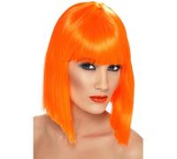 Glam Peluca - Corto Disfraz para Dama Naranja Neón Flequillo Blunt Bob Accesorio