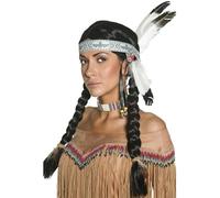 Smiffys Peluca inspirado por los americanos nativos, negra, trenzas, con cinta para la cabeza y pluma