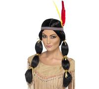 Smiffys Peluca inspirado por los americanos nativos, negro, con coletas y cinta para la cabeza Halloween, Carnaval