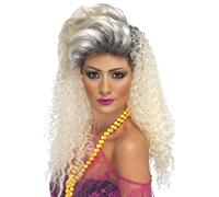Smiffys Peluca rubia botella de los 80, rizada con tupé Halloween, Carnaval