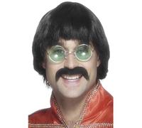 Smiffys Peluca y bigote de los 70 de Mersey, negra, estilo corto Halloween, Carnaval