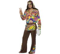 Smiffys Disfraz de hippy psicodélico, multicolor, con pantalones, camisa, banda para el pelo y cinturón