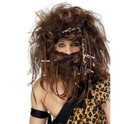 Smiffys Set de cavernícola loco, marrón, incluye peluca, barba, banda para el pelo, huesos y trenzas Halloween, Carnaval