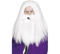 Smiffys Set de mago, blanco, con peluca y barba Halloween, Carnaval