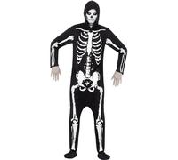 Smiffy's Skeleton Costume, Black with Hooded All in One, Halloween Adult Fancy Dress, Skeleton Dress Up Costumes