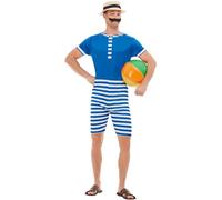Smiffys Disfraz de traje de baño de los años 20, Azul y blanco, con mono corto, sombrero y bigote Halloween, Carnaval