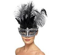 Smiffy's Smiffys Antifaz de colombina veneciana, Gris, con penachos negros Halloween, Carnaval