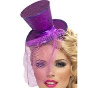 Smiffy's Smiffys Colección Fever. Mini chistera en diadema, morada, con redecilla desmontable Halloween, Carnaval