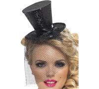 Smiffys Colección Fever. Mini chistera en diadema, negra, con redecilla desmontable