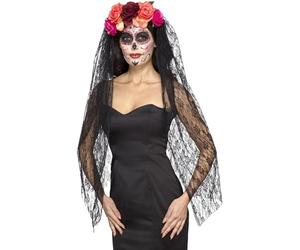 Smiffy's Smiffys Diadema deluxe del día de muertos, Rojo y negro, con rosas y velo Halloween (Paquete de 2)