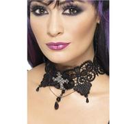 Smiffy's Smiffys Gargantilla gótica de encaje, Negra, Adornada con una cruz Halloween, Carnaval