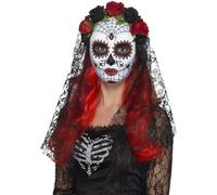 Smiffys Máscara de señorita del día de muertos, cara completa, Rojo y negro, con rosas y velo