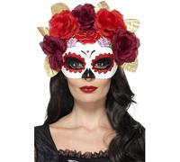 Smiffy's Smiffys Semimáscara de rosas del día de muertos, Rojo Halloween, Carnaval